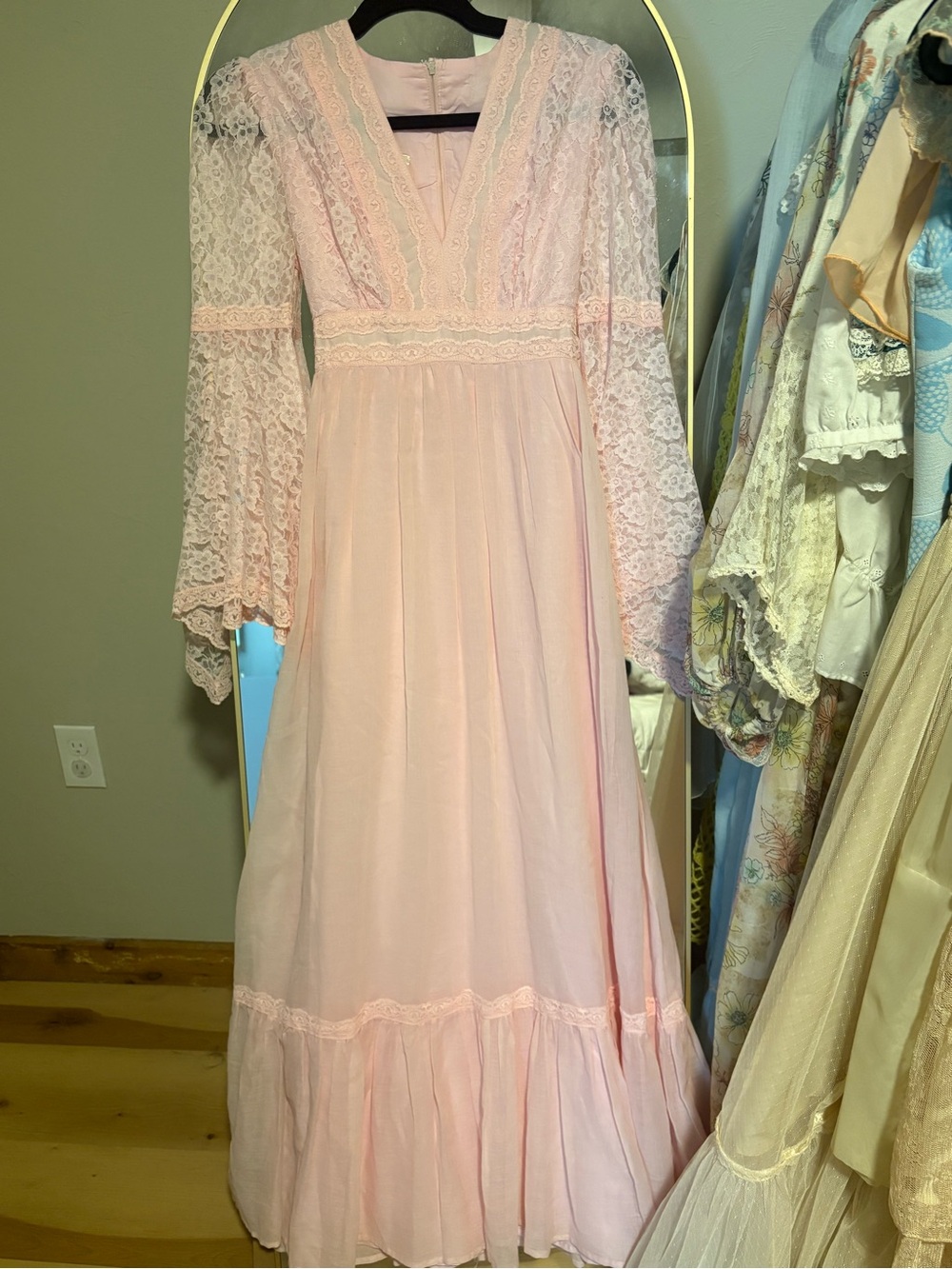 ‘Pretty in Pink’ Vintage Candi Jones lace maxi dress with flared sleeves
